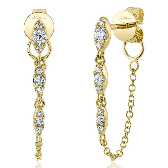 Shy Creation 14K Yellow Gold Diamond Drop Chain Earrings SC55025735