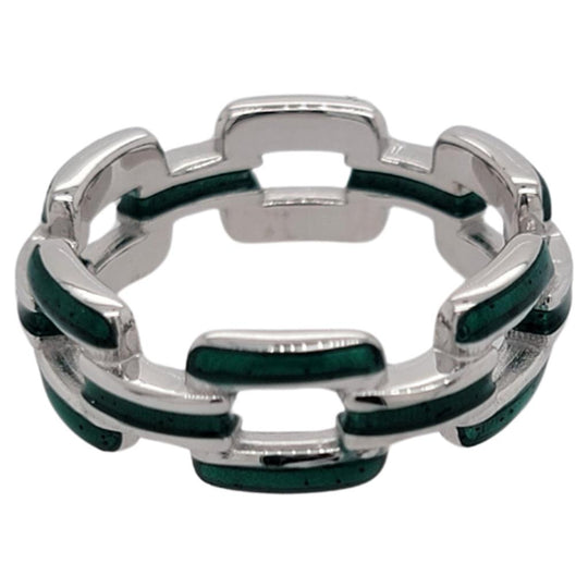 Soho Sterling Silver Green Enamel Chain Link Ring AR900EMERALD