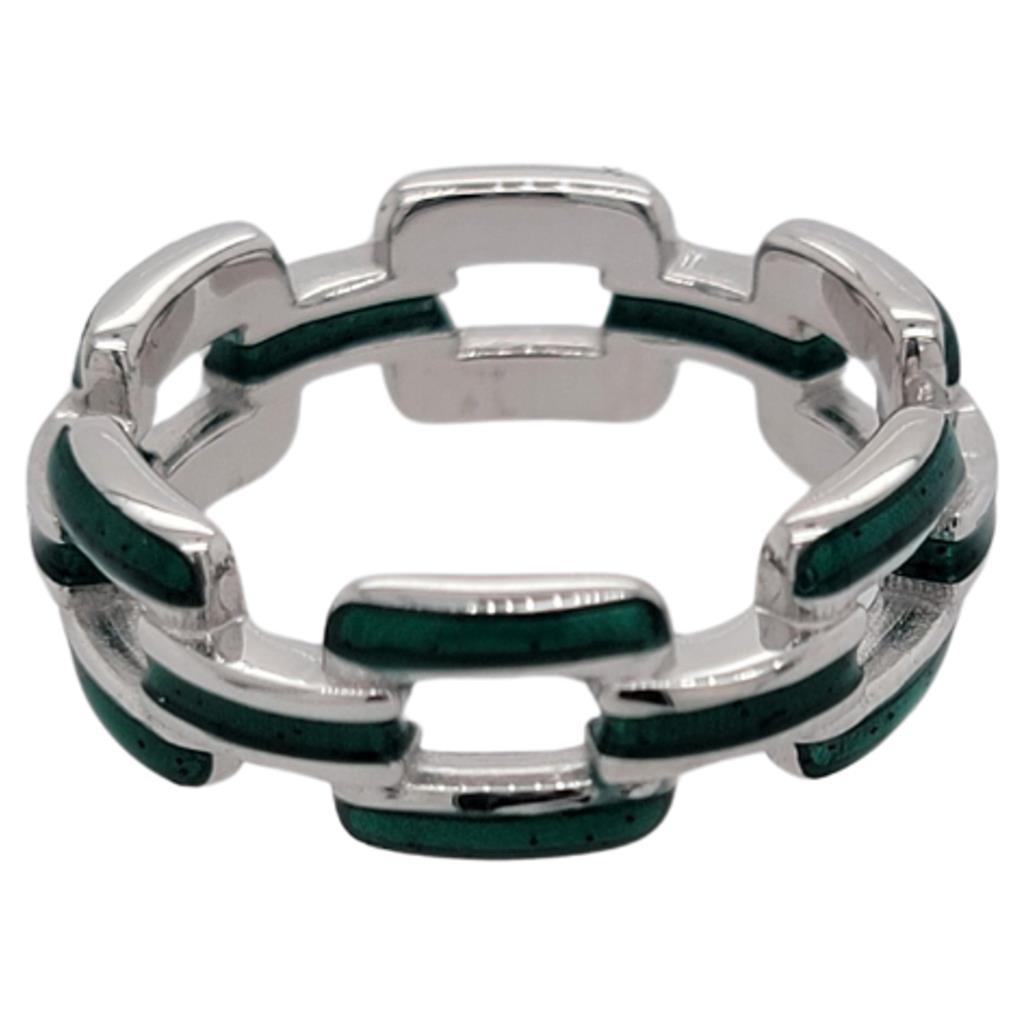 Soho Sterling Silver Green Enamel Chain Link Ring AR900EMERALD