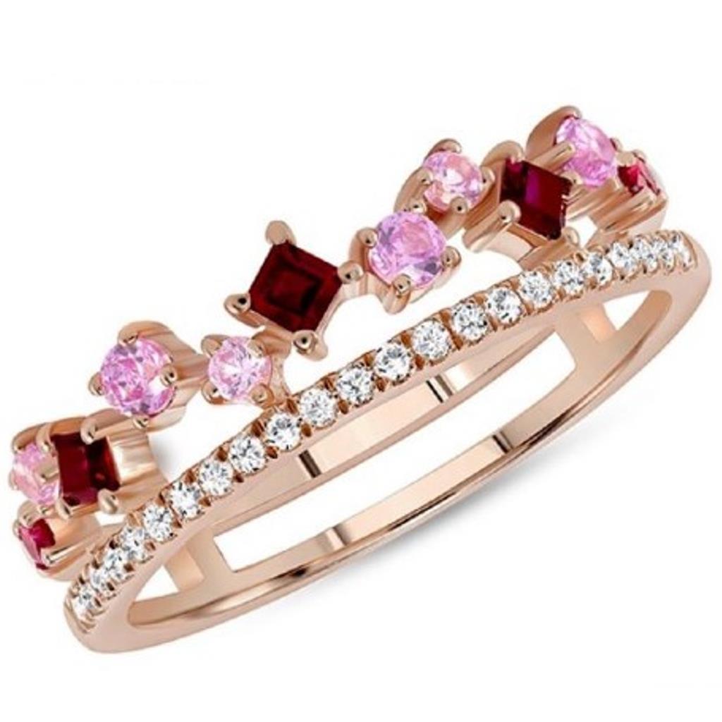 Uneek 14K Rose Gold Diamond, Pink Sapphire, & Ruby Double Row Ring LVBAD302RPS