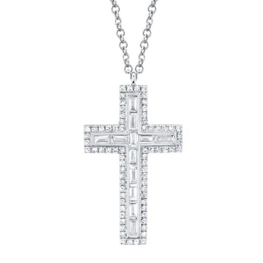 Shy Creation 14K White Gold Diamond Baguette Cross Necklace SC55007317