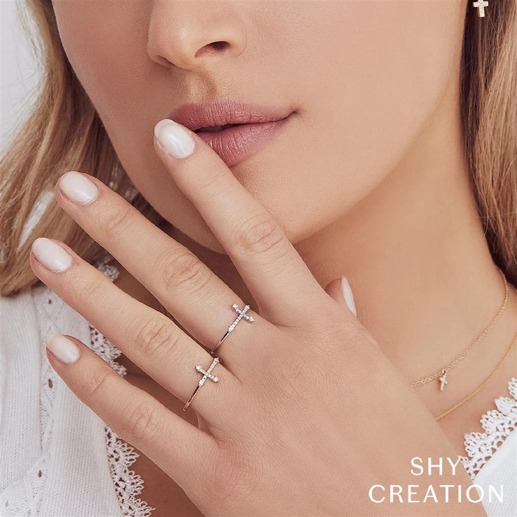 Shy Creation 14K Yellow Gold Diamond Cross Ring SC55008655