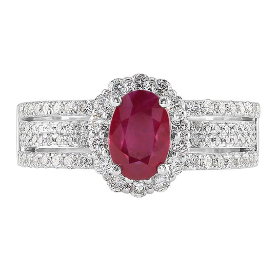 18K White Gold Oval Ruby Diamond Halo Mutli Row Band Ring R7522R95