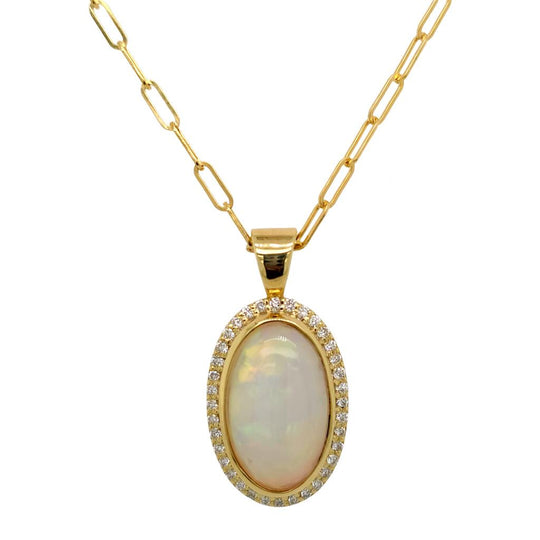 Raymond Mazza 14K Yellow Oval Opal Diamond Halo Necklace PZ7519
