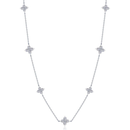 Lafonn Sterling Silver Platinum Plated Trillium Flower Simulated Diamond Station Necklace N0355CLP18