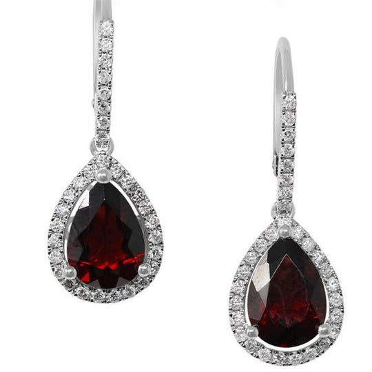 14K White Gold Garnet Diamond Halo Drop Earrings JE4544GAW