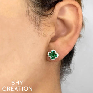 Shy Creation 14K White Gold Diamond and Emerald Clover Stud Earrings SC41002241