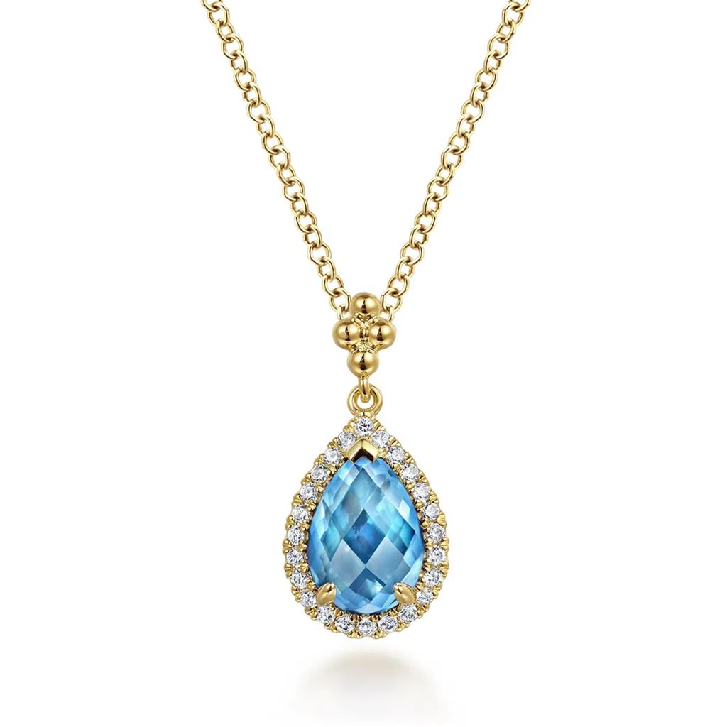 Gabriel & Co 14K Yellow Gold Diamond and Blue Topaz Teardrop Necklace NK7393Y45BT