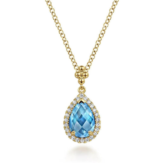 Gabriel & Co 14K Yellow Gold Diamond and Blue Topaz Teardrop Necklace NK7393Y45BT