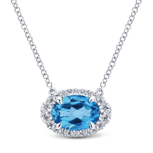 Gabriel & Co 14K White Gold Blue Topaz Diamond Halo Necklace NK5312W45BT