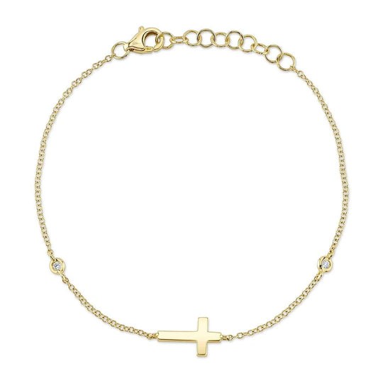 Shy Creation 14K Yellow Gold Diamond Bezel Cross Bracelet SC55026526